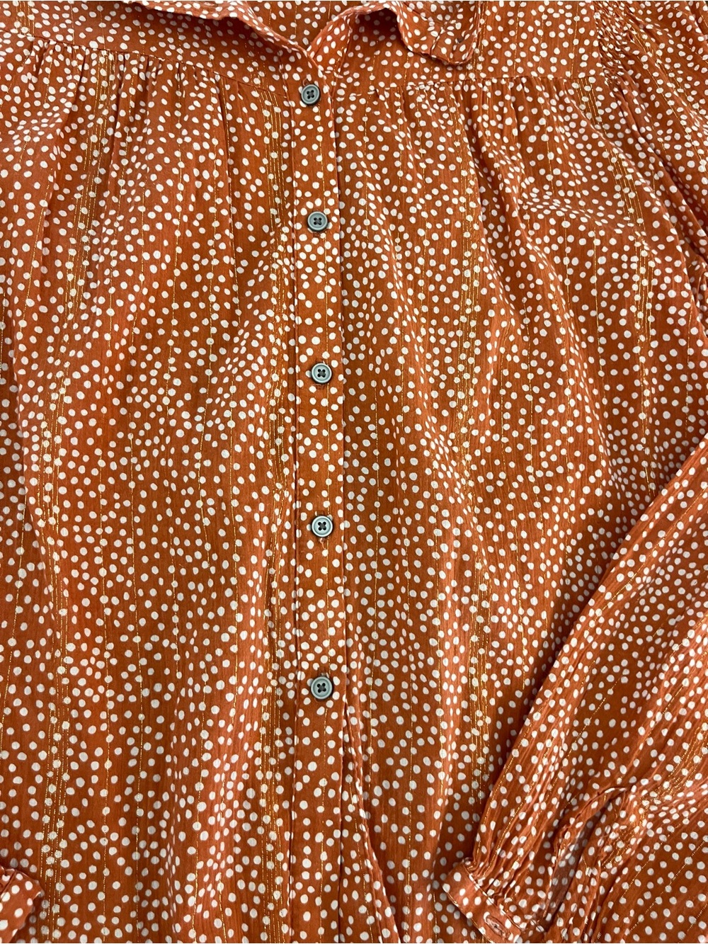 LOFT Rust Orange Dot Button-Front Blouse Long Sleeves Classic Cotton Medium - Picture 3 of 8